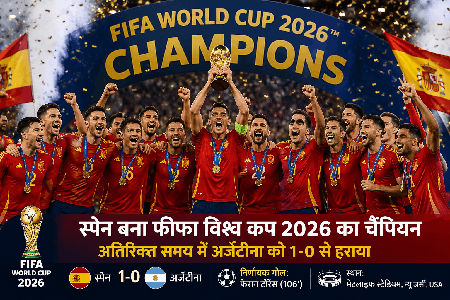 स्पेन बना फीफा विश्व कप 2026 का चैंपियन, अतिरिक्त समय में अर्जेंटीना को 1-0 से हराकर दूसरी बार जीता खिताब