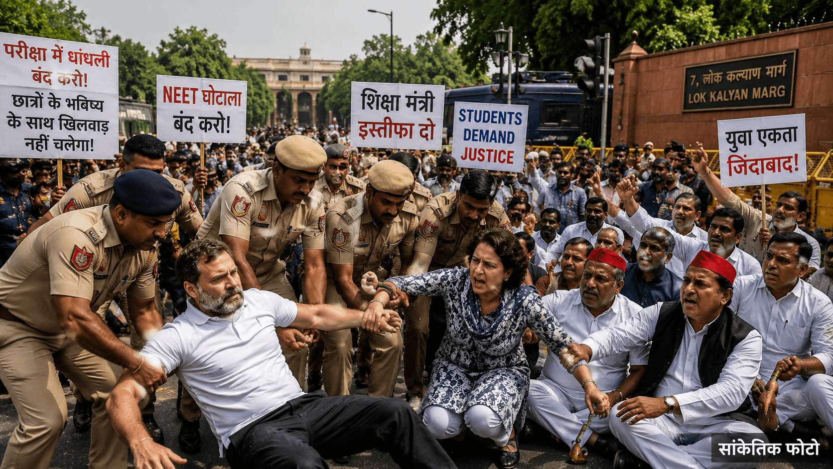 PM आवास के बाहर कांग्रेस का प्रदर्शन, राहुल गांधी और प्रियंका गांधी समेत कई नेता हिरासत में; राहुल को लगी चोट का दावा