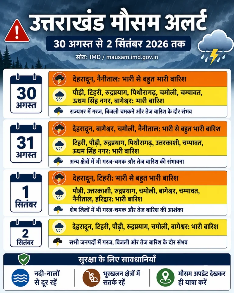 उत्तराखंड में मौसम का कहर: देहरादून-नैनीताल समेत कई जिलों में भारी से बहुत भारी बारिश की चेतावनी