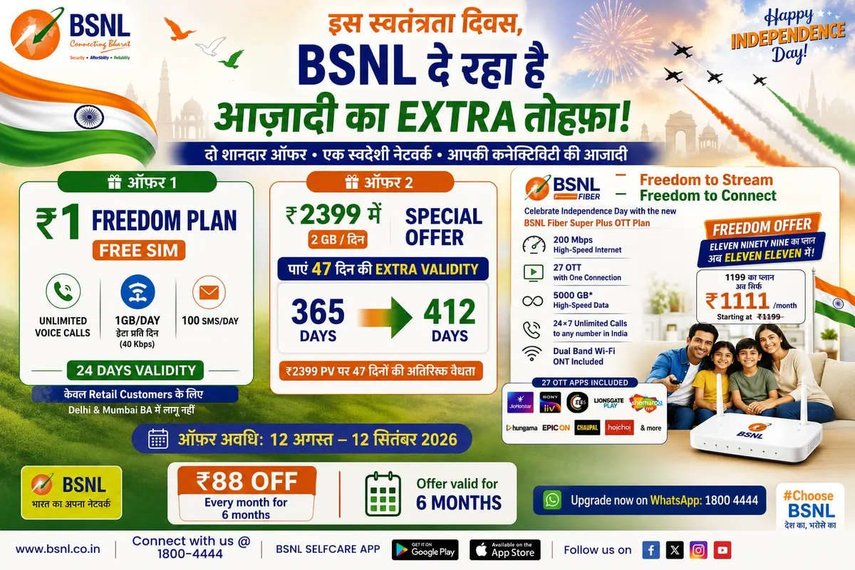 BSNL Independence Day Offer 2026: ₹1 से लेकर Fiber Super Plus OTT Plan तक कई खास ऑफर