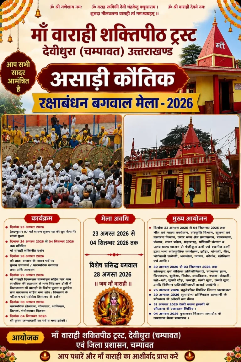 चंपावत: माँ वाराही शक्तिपीठ देवीधुरा में 23 अगस्त से शुरू होगा ऐतिहासिक असाड़ी कौतिक रक्षाबंधन बगवाल मेला–2026