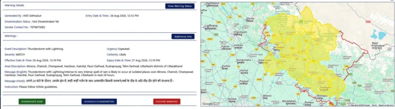 चंपावत सहित कई जिलों में आकाशीय बिजली गिरने और भारी बारिश की चेतावनी जारी