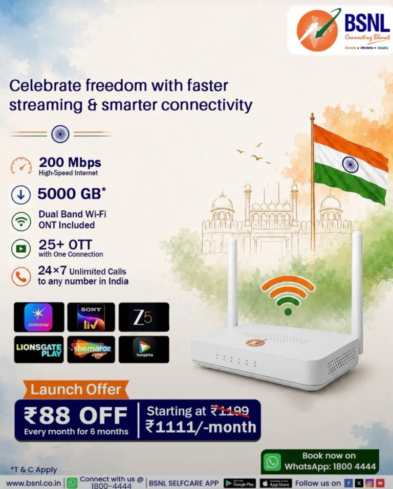 BSNL का Freedom Offer: 200 Mbps स्पीड, 5000 GB डेटा और 27+ OTT प्लेटफॉ