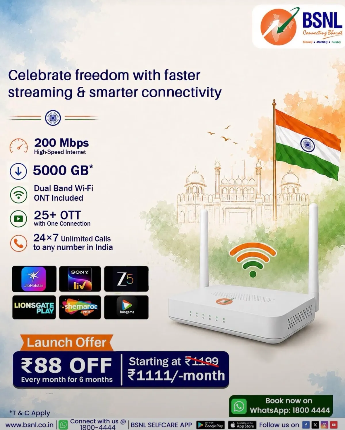 BSNL का Freedom Offer: 200 Mbps स्पीड, 5000 GB डेटा और 27+ OTT प्लेटफॉ