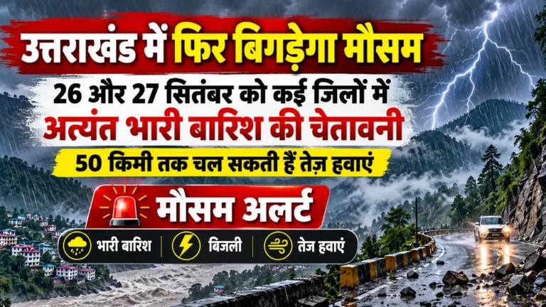 उत्तराखंड में फिर बिगड़ेगा मौसम: 26 और 27 सितंबर को कई जिलों में अत्यंत भारी बारिश की चेतावनी, 50 किमी तक चल सकती हैं तेज हवाएं