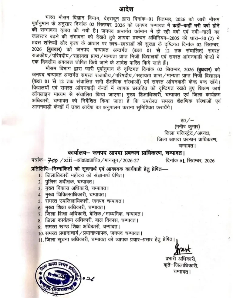 चंपावत में भारी बारिश की चेतावनी: 2 सितंबर को स्कूल और आंगनवाड़ी केंद्र बंद