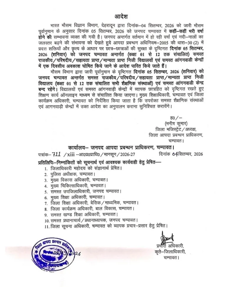 चंपावत में भारी बारिश का अलर्ट: 5 सितंबर को स्कूल-आंगनवाड़ी बंद, ऑनलाइन कक्षाएं जारी