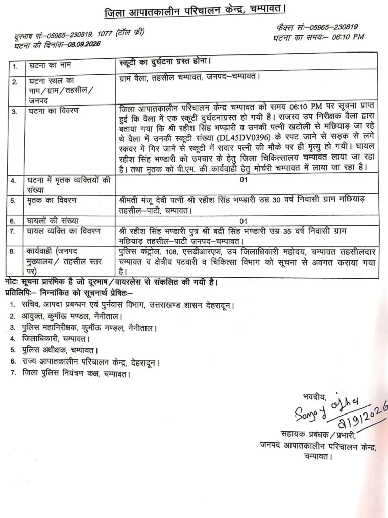 चंपावत: ग्राम वैला के पास स्कूटी फिसलने से महिला की मौत, पति गंभीर रूप से घायल
