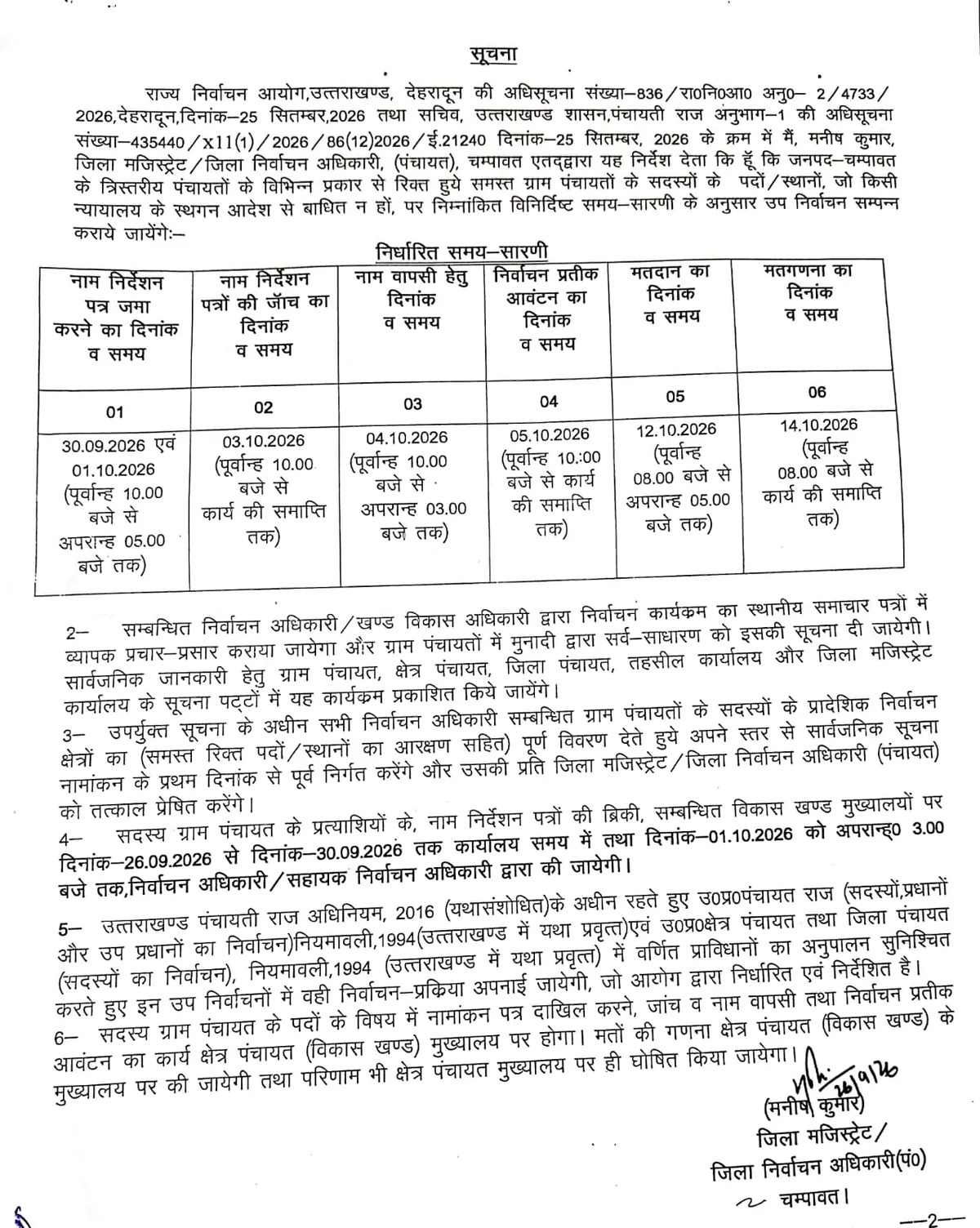 चंपावत: त्रिस्तरीय पंचायतों के रिक्त पदों हेतु उप निर्वाचन कार्यक्रम घोषित, 12 को मतदान, 14 को मतगणना